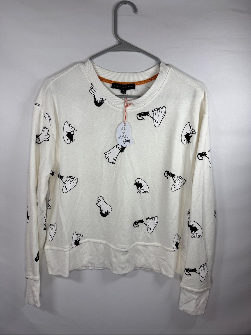 Jane + DeLancey Womens Small Halloween Ghost Black Cat Crewneck Sweatshirt S NWT